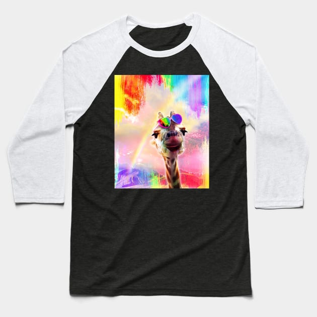 Rainbow Giraffe Wearing Love Heart Glasses Baseball T-Shirt by Random Galaxy